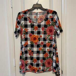 Black & White Plaid Short-Sleeve Floral Womens Top By LuLaRoe Size L